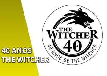 Selo comemorativo circular com o logotipo da cabeça de lobo e o texto "THE WITCHER 40". À esquerda, uma faixa amarela inclinada com o texto "40 ANOS THE WITCHER".