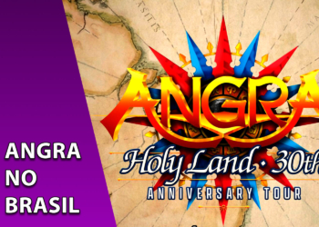 Logotipo da banda Angra sobreposto a uma rosa dos ventos colorida e um mapa antigo. À esquerda, uma faixa roxa inclinada com o texto "ANGRA NO BRASIL".