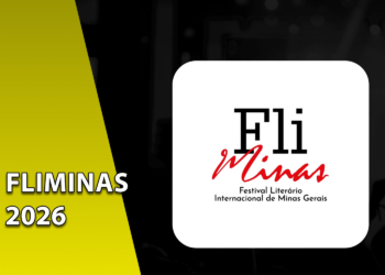 Card quadrado branco contendo o logotipo do "FliMinas Festival Literário Internacional de Minas Gerais" em um fundo escuro desfocado. À esquerda, uma faixa amarela inclinada com o texto "FLIMINAS 2026".