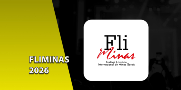 Card quadrado branco contendo o logotipo do "FliMinas Festival Literário Internacional de Minas Gerais" em um fundo escuro desfocado. À esquerda, uma faixa amarela inclinada com o texto "FLIMINAS 2026".