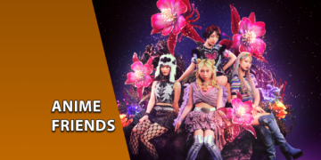Grupo musical feminino de J-Pop com quatro integrantes posando em um cenário fantástico com grandes flores rosa brilhantes. À esquerda, uma faixa marrom inclinada com o texto "ANIME FRIENDS".