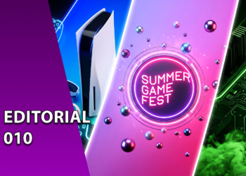 Composição com consoles PlayStation 5, Xbox Series e o logotipo iluminado do Summer Game Fest ao centro. À esquerda, uma faixa roxa inclinada com o texto "EDITORIAL 010".