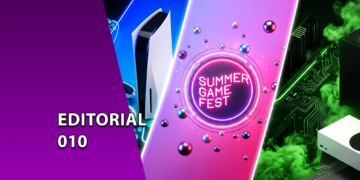Composição com consoles PlayStation 5, Xbox Series e o logotipo iluminado do Summer Game Fest ao centro. À esquerda, uma faixa roxa inclinada com o texto "EDITORIAL 010".