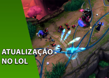 Captura de tela do mapa Summoner's Rift em League of Legends mostrando campeões e tropas em combate na rota do topo. À esquerda, uma faixa verde inclinada com o texto "ATUALIZAÇÃO NO LOL".