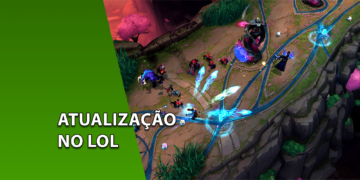 Captura de tela do mapa Summoner's Rift em League of Legends mostrando campeões e tropas em combate na rota do topo. À esquerda, uma faixa verde inclinada com o texto "ATUALIZAÇÃO NO LOL".