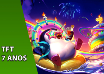 Arte promocional em estilo de animação com o personagem Pingu de óculos escuros na piscina e um bolo de aniversário ao fundo. À esquerda, uma faixa verde inclinada com o texto "TFT 7 ANOS".