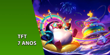 Arte promocional em estilo de animação com o personagem Pingu de óculos escuros na piscina e um bolo de aniversário ao fundo. À esquerda, uma faixa verde inclinada com o texto "TFT 7 ANOS".