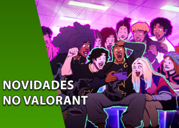 Grupo de personagens em estilo de animação celebrando e olhando para a tela de um celular em uma arquibancada com iluminação roxa. À esquerda, uma faixa verde inclinada com o texto "NOVIDADES NO VALORANT".