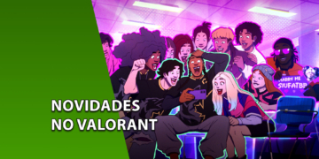 Grupo de personagens em estilo de animação celebrando e olhando para a tela de um celular em uma arquibancada com iluminação roxa. À esquerda, uma faixa verde inclinada com o texto "NOVIDADES NO VALORANT".