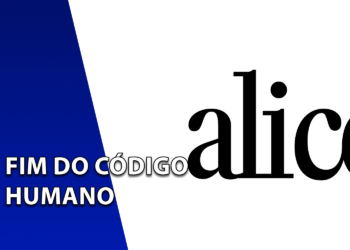 Logotipo da empresa Alice em letras pretas sobre um fundo totalmente branco. À esquerda, uma faixa azul inclinada com o texto "FIM DO CÓDIGO HUMANO".