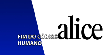 Logotipo da empresa Alice em letras pretas sobre um fundo totalmente branco. À esquerda, uma faixa azul inclinada com o texto "FIM DO CÓDIGO HUMANO".