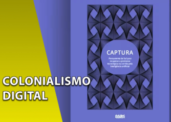 Capa de livro na cor roxa com padrões geométricos pretos e o título "CAPTURA". À esquerda, uma faixa amarela inclinada com o texto "COLONIALISMO DIGITAL".
