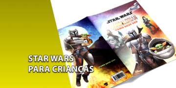 Livro infantil de Star Wars aberto exibindo ilustrações do Mandaloriano e do Grogu (Baby Yoda) na capa e contracapa. À esquerda, uma faixa amarela inclinada com o texto "STAR WARS PARA CRIANÇAS".