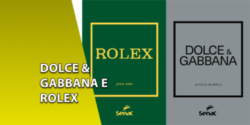 Duas capas de livros lado a lado: à esquerda, o livro da marca Rolex na cor verde com detalhes dourados; à direita, o da marca Dolce & Gabbana na cor cinza com letras pretas. À esquerda, uma faixa amarela inclinada com o texto "DOLCE & GABBANA E ROLEX".
