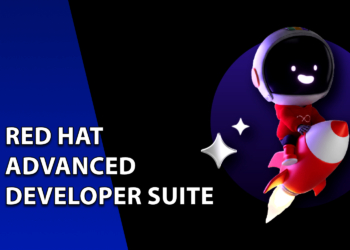 Mascote em estilo de animação 3D usando capacete de astronauta e voando montado em um foguete vermelho e branco. À esquerda, uma faixa azul inclinada com o texto "RED HAT ADVANCED DEVELOPER SUITE".