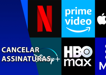 Mosaico com logotipos de serviços de streaming como Netflix, Prime Video, Apple TV+, Disney+, HBO Max e MUBI. À esquerda, uma faixa azul inclinada com o texto "CANCELAR ASSINATURAS".
