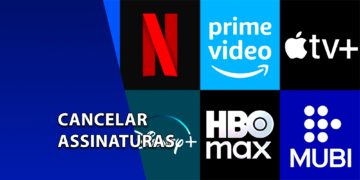 Mosaico com logotipos de serviços de streaming como Netflix, Prime Video, Apple TV+, Disney+, HBO Max e MUBI. À esquerda, uma faixa azul inclinada com o texto "CANCELAR ASSINATURAS".