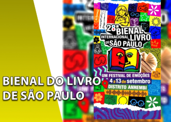 Cartaz oficial da 28ª Bienal Internacional do Livro de São Paulo repleto de ilustrações coloridas, ícones pop e informações de data e local. À esquerda, uma faixa amarela inclinada com o texto "BIENAL DO LIVRO DE SÃO PAULO".