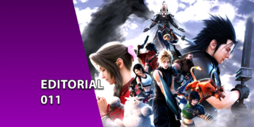 Arte promocional com os personagens de Final Fantasy VII Rebirth reunidos contra um fundo de céu nublado, destacando Cloud, Zack e Sephiroth. À esquerda, uma faixa roxa inclinada com o texto "EDITORIAL 011".