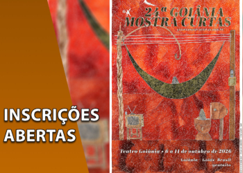 Cartaz oficial da 24ª Goiânia Mostra Curtas com fundo artístico avermelhado, exibindo ilustrações de uma rede de descanso, postes e uma televisão antiga. À esquerda, uma faixa marrom inclinada com o texto "INSCRIÇÕES ABERTAS".