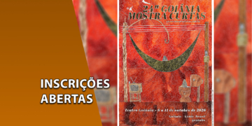 Cartaz oficial da 24ª Goiânia Mostra Curtas com fundo artístico avermelhado, exibindo ilustrações de uma rede de descanso, postes e uma televisão antiga. À esquerda, uma faixa marrom inclinada com o texto "INSCRIÇÕES ABERTAS".