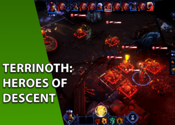 Captura de tela do jogo Terrinoth: Heroes of Descent exibindo um combate tático em turnos em um calabouço escuro com monstros cercados por grades vermelhas. À esquerda, uma faixa verde inclinada com o texto "TERRINOTH: HEROES OF DESCENT".