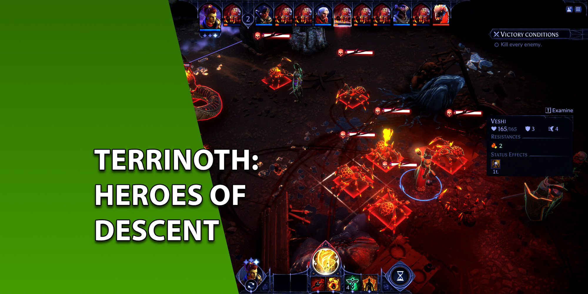 Captura de tela do jogo Terrinoth: Heroes of Descent exibindo um combate tático em turnos em um calabouço escuro com monstros cercados por grades vermelhas. À esquerda, uma faixa verde inclinada com o texto "TERRINOTH: HEROES OF DESCENT".