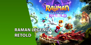 Arte promocional do jogo Rayman Legends Retold exibindo Rayman, Globox e Bárbara correndo sobre um grande dragão vermelho. À esquerda, uma faixa verde inclinada com o texto "RAMAN LEGENDS RETOLD".