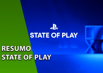 Logotipo oficial do State of Play da Sony ao lado dos símbolos tridimensionais do PlayStation iluminados em azul sobre um fundo azul-escuro. À esquerda, uma faixa verde inclinada com o texto "RESUMO STATE OF PLAY".