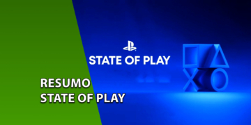 Logotipo oficial do State of Play da Sony ao lado dos símbolos tridimensionais do PlayStation iluminados em azul sobre um fundo azul-escuro. À esquerda, uma faixa verde inclinada com o texto "RESUMO STATE OF PLAY".