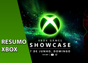 Arte promocional dividida entre o logotipo brilhante do Xbox Games Showcase sobre fundo verde nebuloso e o emblema vermelho em chamas de Gears of War E-Day. À esquerda, uma faixa verde inclinada com o texto "RESUMO XBOX".