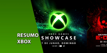 Arte promocional dividida entre o logotipo brilhante do Xbox Games Showcase sobre fundo verde nebuloso e o emblema vermelho em chamas de Gears of War E-Day. À esquerda, uma faixa verde inclinada com o texto "RESUMO XBOX".