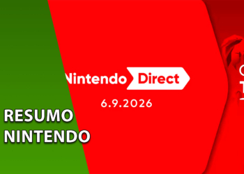 Logotipo oficial do Nintendo Direct sobre um fundo vermelho vibrante com a data de transmissão, ao lado do emblema do Nintendo Treehouse. À esquerda, uma faixa verde inclinada com o texto "RESUMO NINTENDO".