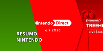 Logotipo oficial do Nintendo Direct sobre um fundo vermelho vibrante com a data de transmissão, ao lado do emblema do Nintendo Treehouse. À esquerda, uma faixa verde inclinada com o texto "RESUMO NINTENDO".