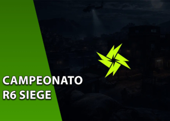 Logotipo verde-limão em formato de estrela ninja ou raios cruzados centralizado sobre o mapa Favela de Rainbow Six Siege à noite, com um helicóptero sobrevoando ao fundo. À esquerda, uma faixa verde inclinada com o texto "CAMPEONATO R6 SIEGE".