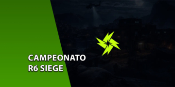 Logotipo verde-limão em formato de estrela ninja ou raios cruzados centralizado sobre o mapa Favela de Rainbow Six Siege à noite, com um helicóptero sobrevoando ao fundo. À esquerda, uma faixa verde inclinada com o texto "CAMPEONATO R6 SIEGE".