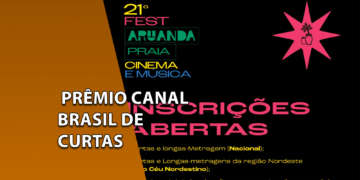 Cartaz promocional do 21º Fest Aruanda com fundo preto, exibindo os logotipos do festival e o texto rosa "INSCRIÇÕES ABERTAS". À esquerda, uma faixa marrom inclinada com o texto "PRÊMIO CANAL BRASIL DE CURTAS".