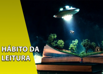 Cenário de um livro aberto de onde surge uma maquete tridimensional com árvores, uma casa e um disco voador abduzindo uma vaca à noite. À esquerda, uma faixa amarela inclinada com o texto "HÁBITO DA LEITURA".