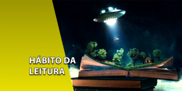 Cenário de um livro aberto de onde surge uma maquete tridimensional com árvores, uma casa e um disco voador abduzindo uma vaca à noite. À esquerda, uma faixa amarela inclinada com o texto "HÁBITO DA LEITURA".