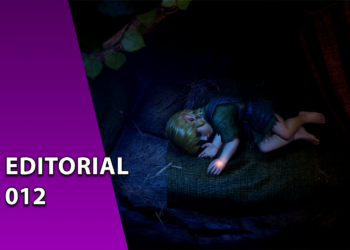 Link de The Legend of Zelda em sua versão infantil dormindo encolhido em uma cama de palha dentro de uma cabana escura. À esquerda, uma faixa roxa inclinada com o texto "EDITORIAL 012".