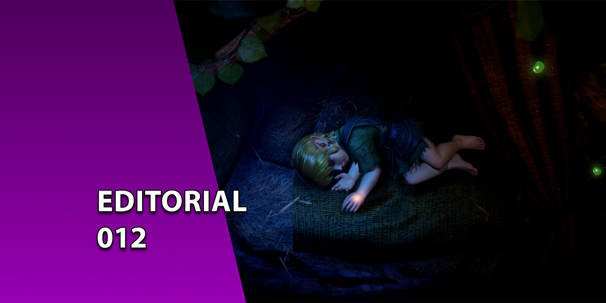 Link de The Legend of Zelda em sua versão infantil dormindo encolhido em uma cama de palha dentro de uma cabana escura. À esquerda, uma faixa roxa inclinada com o texto "EDITORIAL 012".