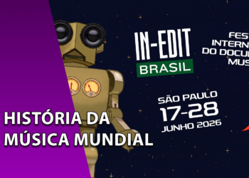 Cartaz oficial do festival In-Edit Brasil contra um fundo de céu estrelado com um robô dourado e um meteoro em chamas. À esquerda, uma faixa roxa inclinada com o texto "HISTÓRIA DA MÚSICA MUNDIAL".