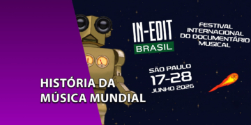 Cartaz oficial do festival In-Edit Brasil contra um fundo de céu estrelado com um robô dourado e um meteoro em chamas. À esquerda, uma faixa roxa inclinada com o texto "HISTÓRIA DA MÚSICA MUNDIAL".