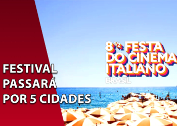 Cartaz promocional do festival 8 ½ Festa do Cinema Italiano exibindo uma praia ensolarada repleta de guarda-sóis amarelos sob um céu azul limpo. À esquerda, uma faixa vermelha inclinada com o texto "FESTIVAL PASSARÁ POR 5 CIDADES".