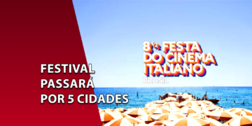 Cartaz promocional do festival 8 ½ Festa do Cinema Italiano exibindo uma praia ensolarada repleta de guarda-sóis amarelos sob um céu azul limpo. À esquerda, uma faixa vermelha inclinada com o texto "FESTIVAL PASSARÁ POR 5 CIDADES".